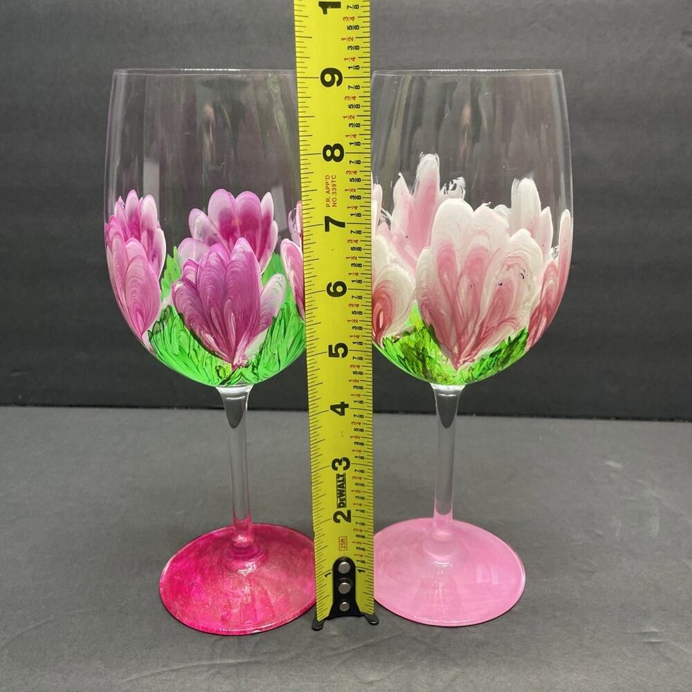 Hand Painted Stemmed Wine Glasses Artist Signed Floral Pattern Set of 2 Spring - Picture 4 of 10
